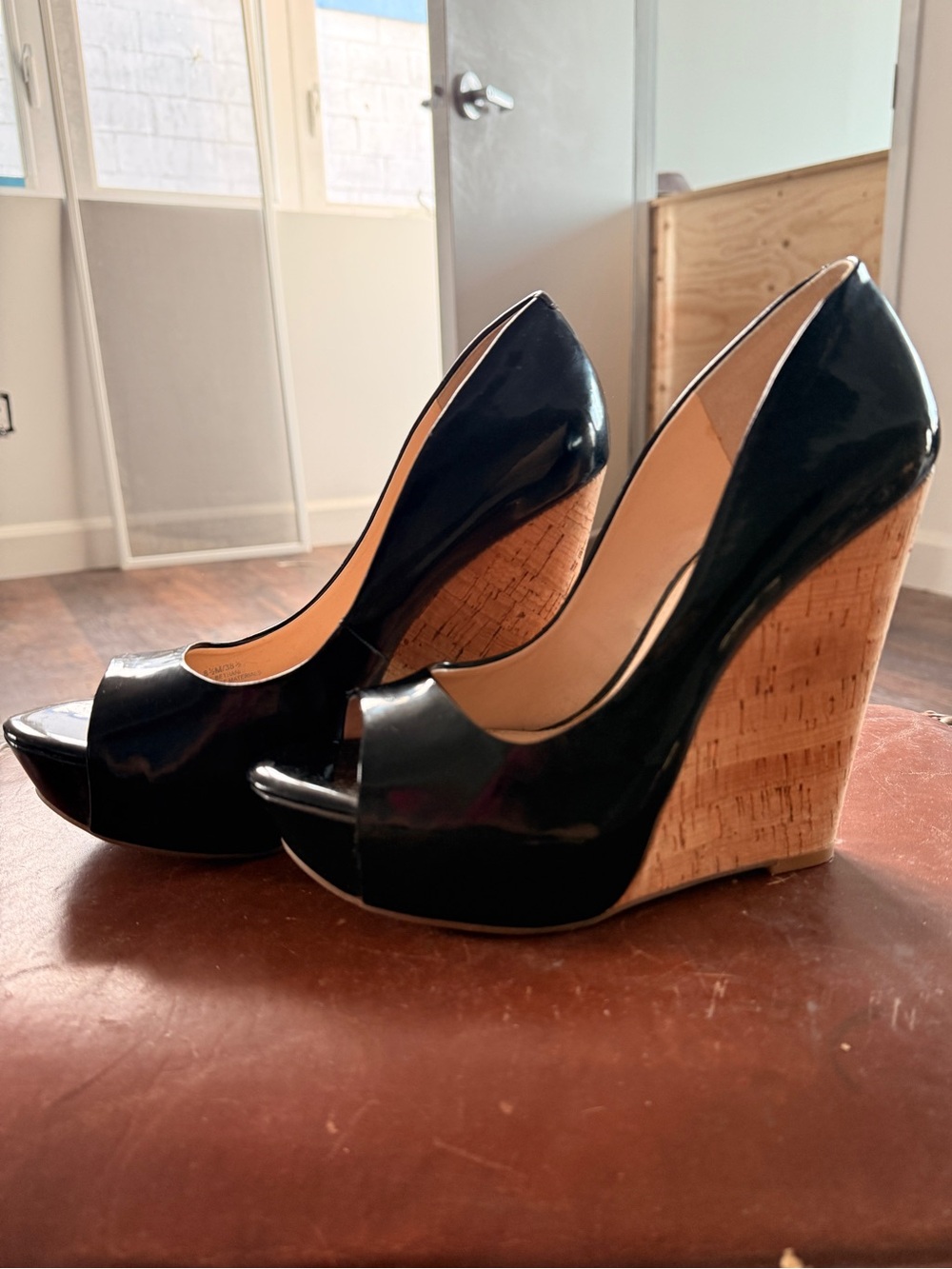 Jessica Simpson Black Bethani Patent Cork Wedge Heels Peep Toe Platform Pumps
